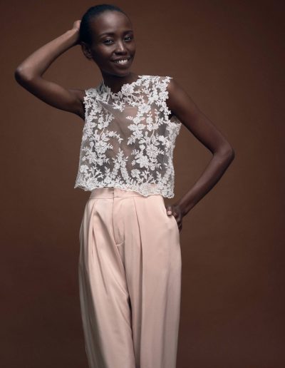 Bridal Lace Top Blossom and Silk Culotte Lene in Blush by Magdalena Mayrock Berlin.
