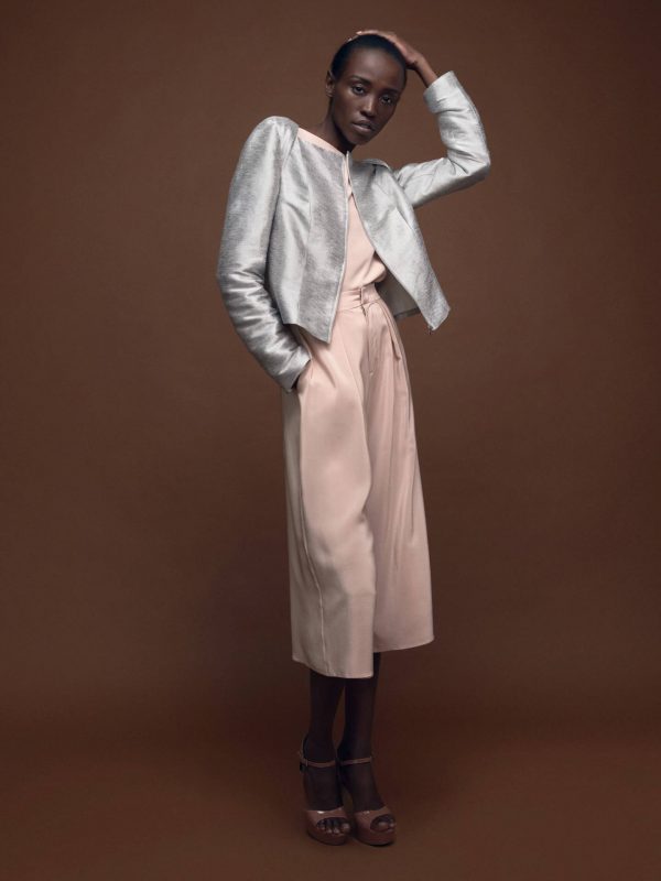 Wedding Guest Outfit Metallic Silver Silk Jacket Tilda and Silk Culotte in Blush by Magdalena Mayrock